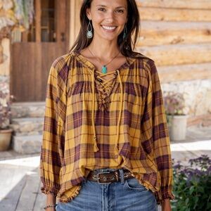 Sundance Western Plaid Lace Up Balloon Sleeves Blouse Size Medium